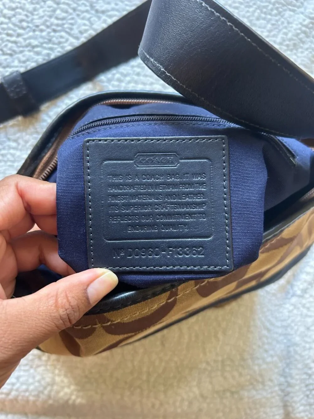 Coach -- tan/ brown signature C canvas, rugby duffel tote, blue stripe/ strap